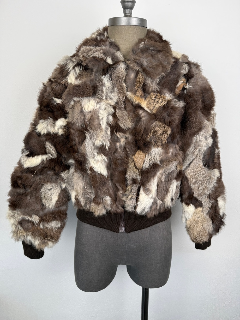 Chosen Furs Size L Genuine Rabbit Fur Brown Patchwork Bomber Jacket